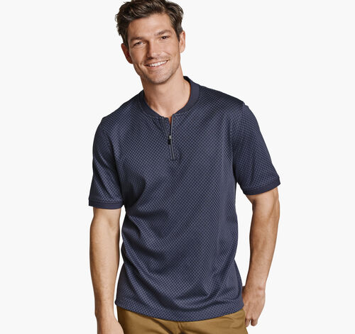 Gavin Zip Jacquard Polo - Navy Checkerboard