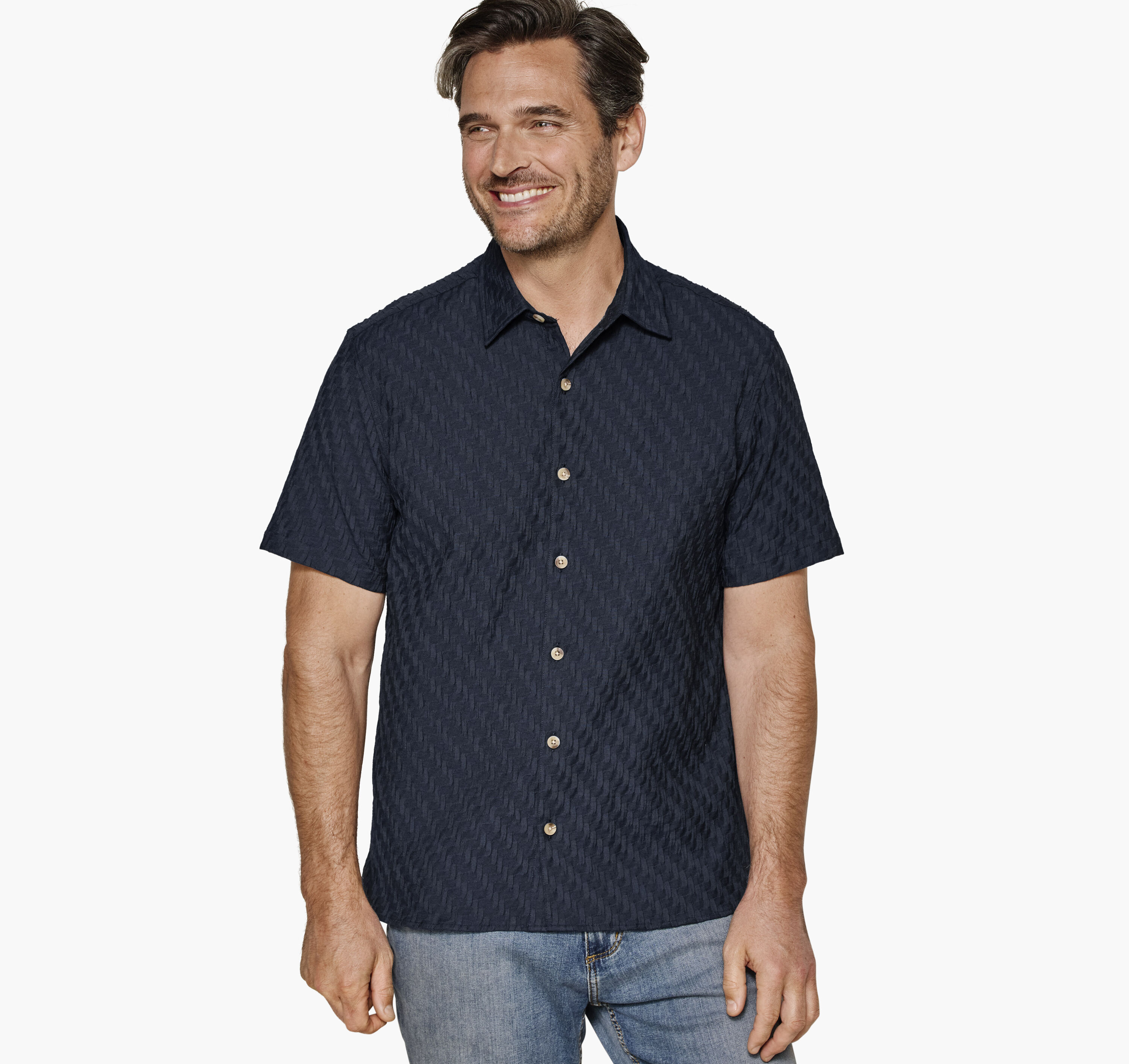 Johnston & Murphy Men's Monterey Textured Short-Sleeve Shirt - Navy Diagonal Bar - Size S - Regular