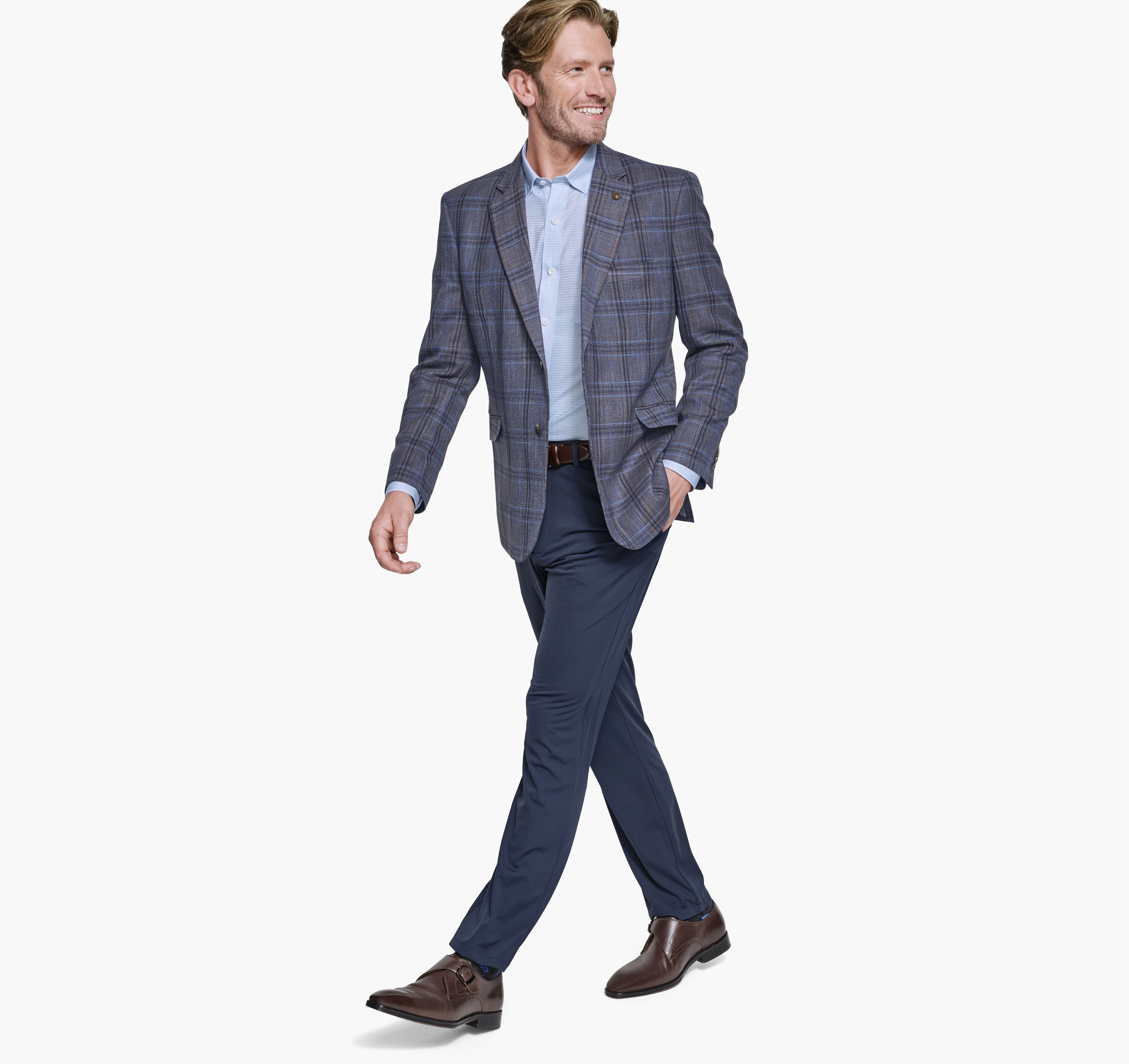 Johnston Murphy Windowpane Dress Plaid Blazer, Mens, M, Blue/Tan Plaid