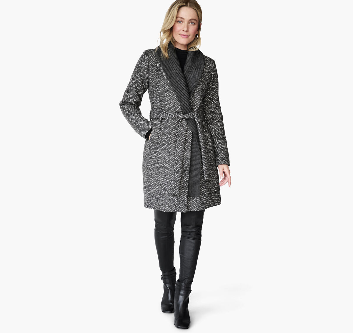 Herringbone Coat with Removable Knit Collar image number null