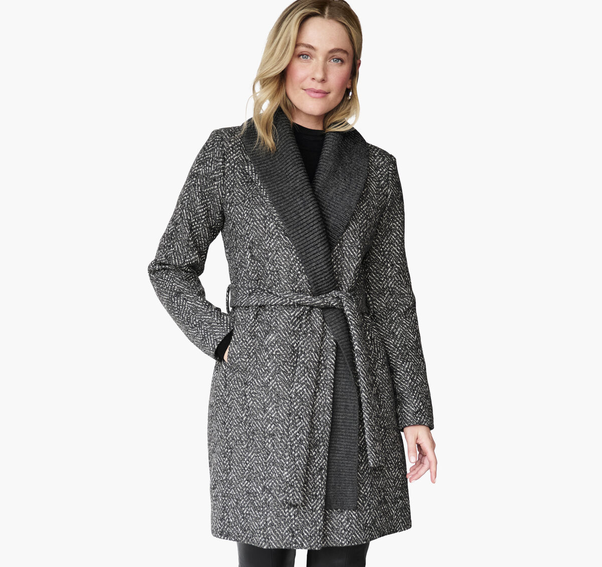 Herringbone Coat with Removable Knit Collar image number null