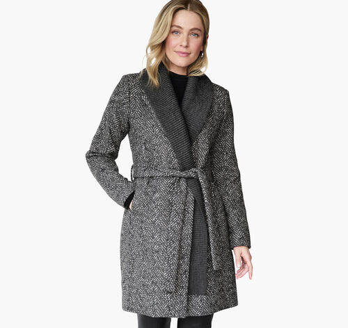 Herringbone Coat with Removable Knit Collar - Black