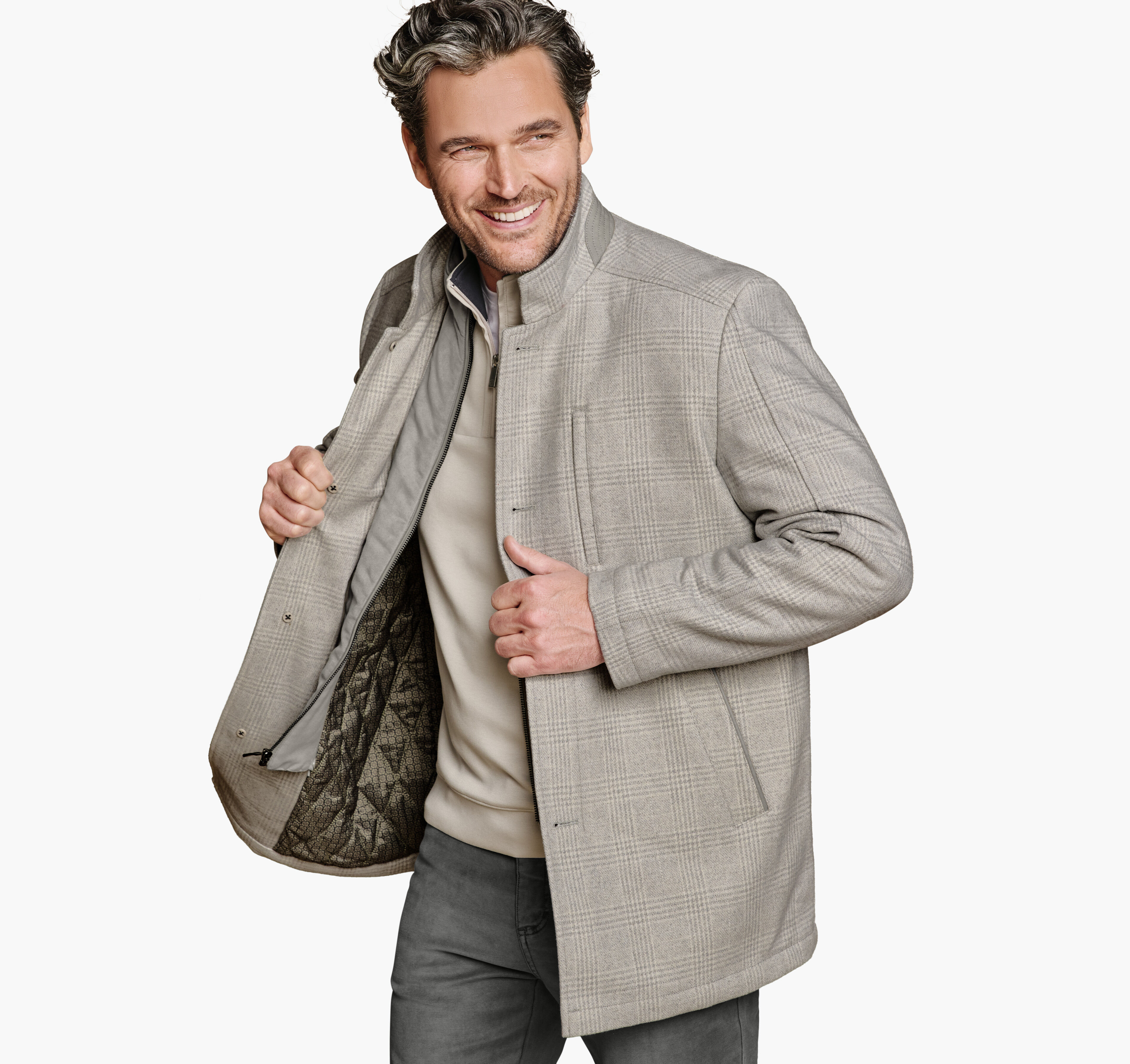 Men's Upton Car Coat in Oyster Plaid | Johnston & Murphy