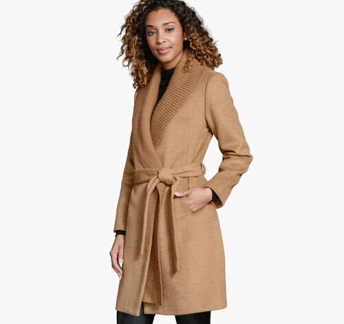 Wool-Blend Coat with Removable Knit Collar - Camel