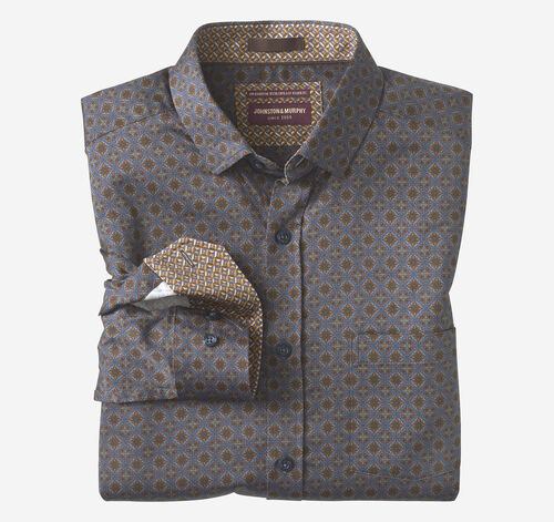 Logan Printed Long-Sleeve Shirt - Navy/Brown Medallion Crest