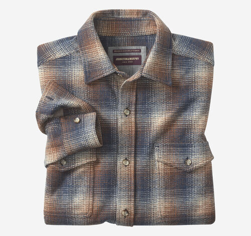 Brushed Button-Front Knit Shirt - Rust/Navy Variegated Plaid