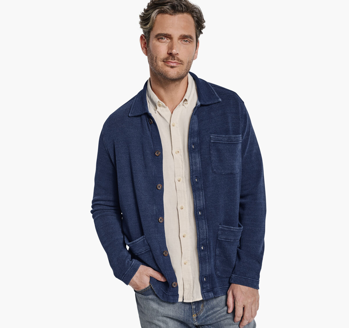 Indigo Full-Button Knit Jacket image number null