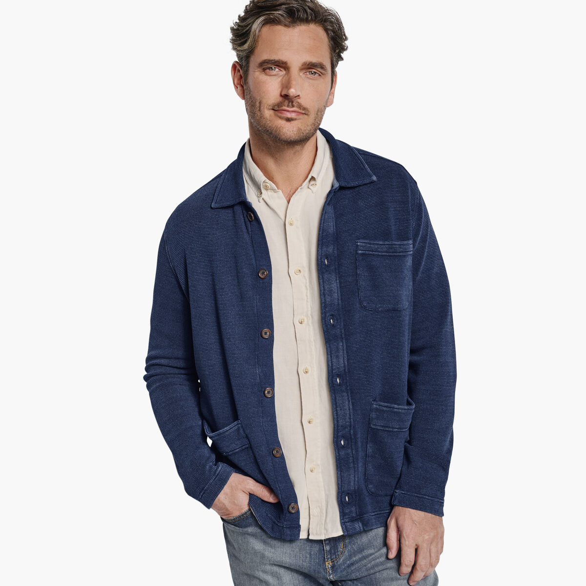 Indigo Full-Button Knit Jacket image number null