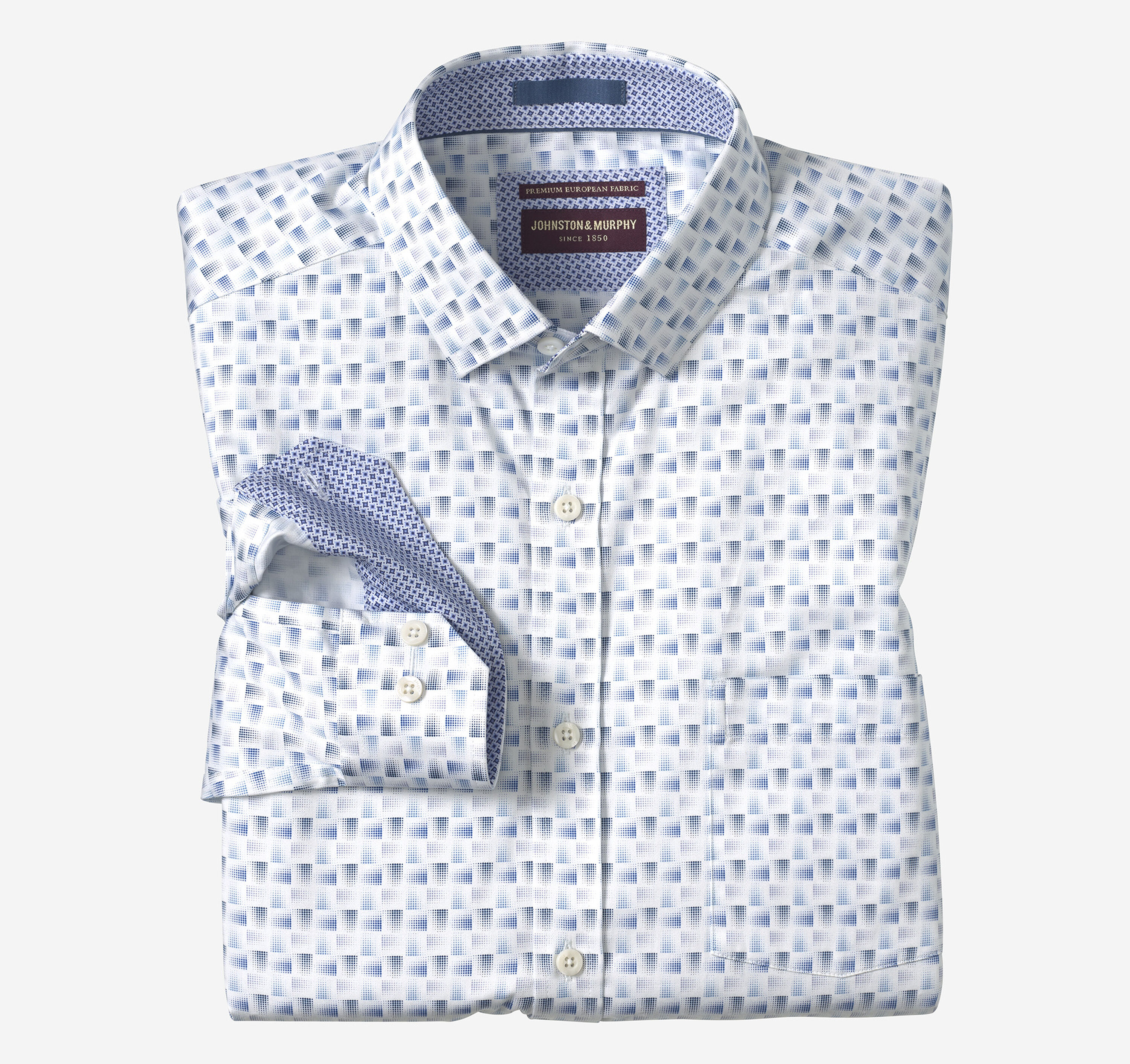 Johnston & Murphy Men's Logan Printed Long-Sleeve Shirt - White/Gray Shadow Box - Size M - Regular Johnston & Murphy Men's Logan Printed Long-Sleeve Shirt - White/Gray Shadow Box - Size M - Regular