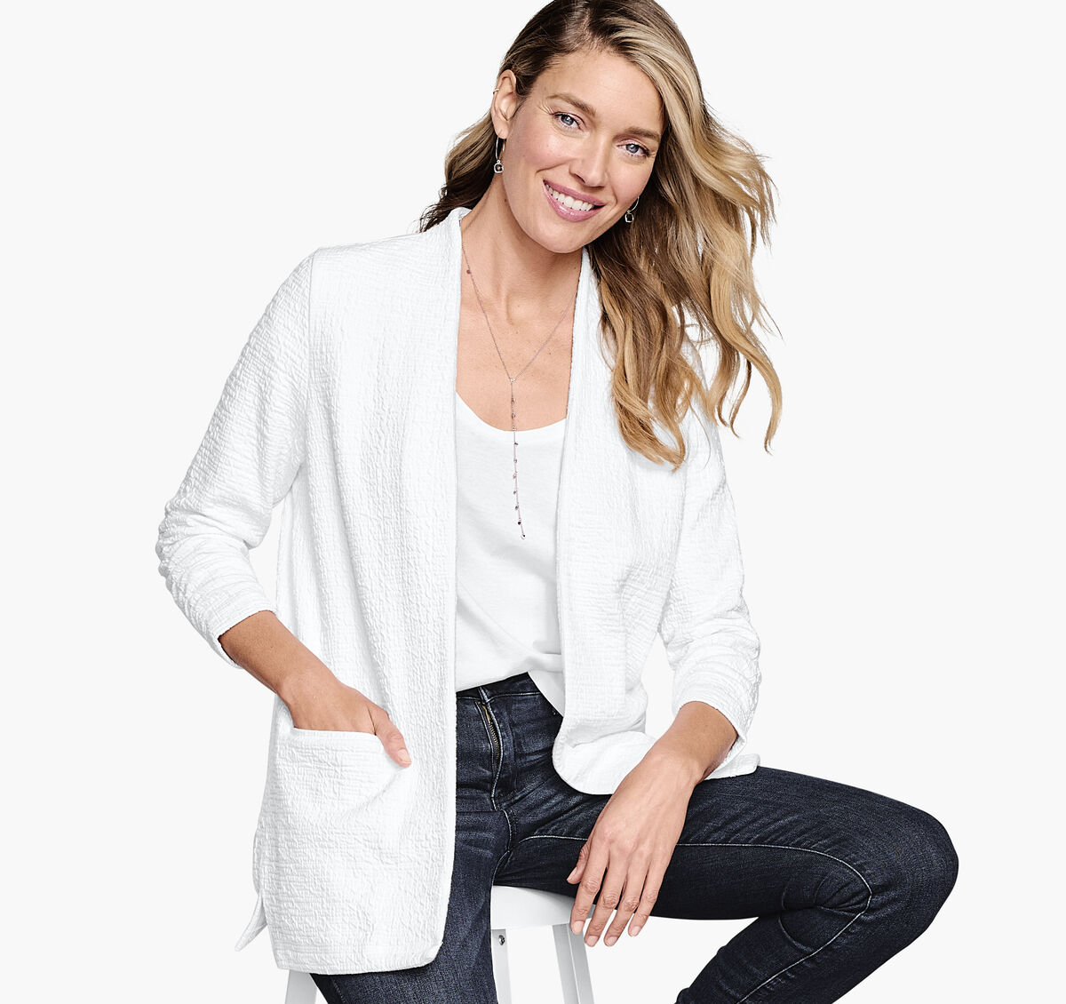 Ruched-Sleeve Knit Blazer image number null