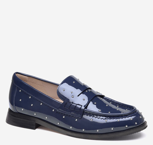 Gillian Studded Penny Loafer - Navy Patent Leather