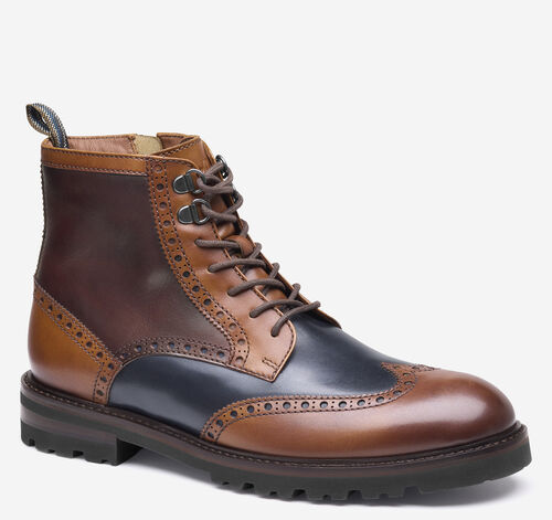 Britton Wingtip Boot - Tan/Navy/Burgundy Hand-Finished Full-Grain Leather
