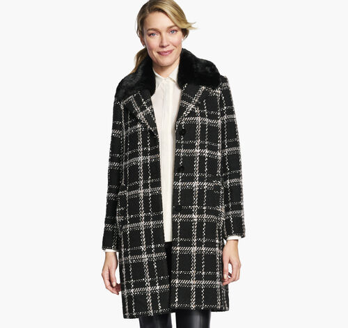 Plaid Coat with Removable Faux-Fur Collar - Black/White