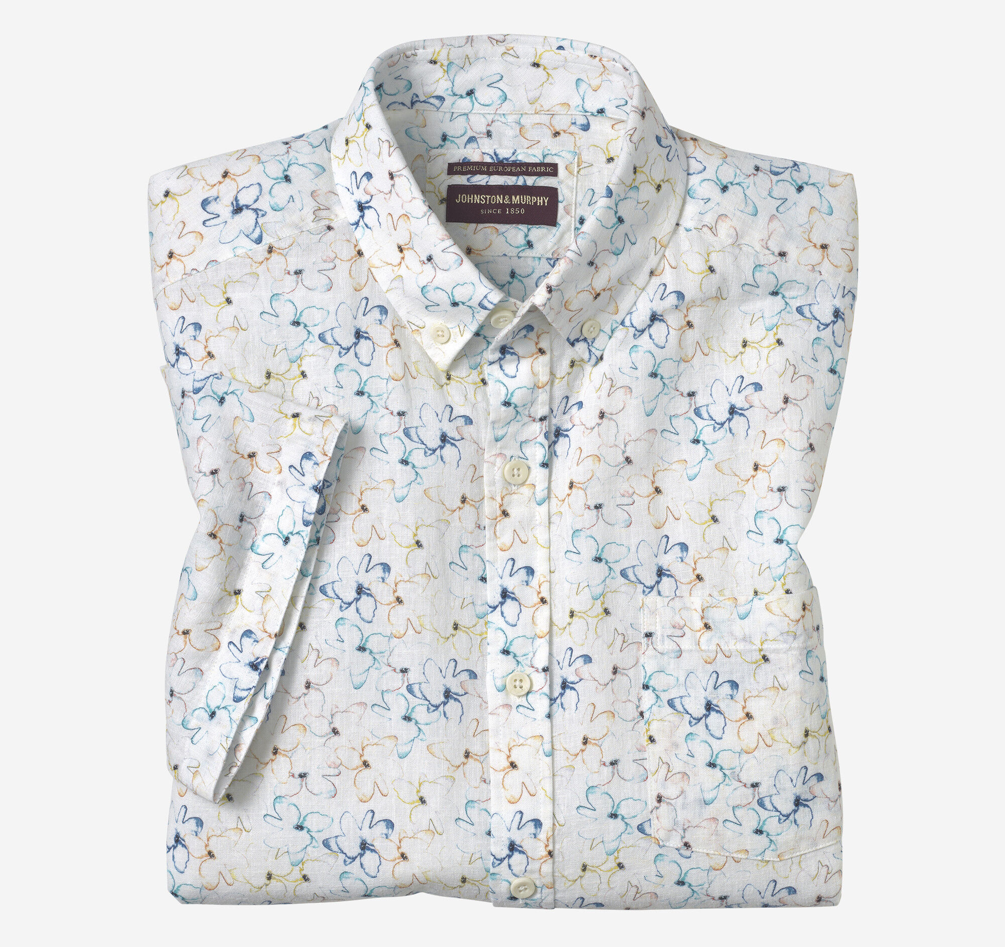 Men's Cotton-Linen Short-Sleeve Print Shirt in White Floral