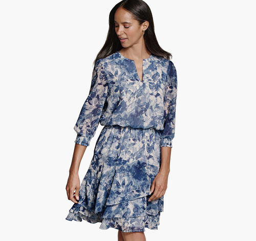 Printed Tiered Dress - Blue Watercolor Floral