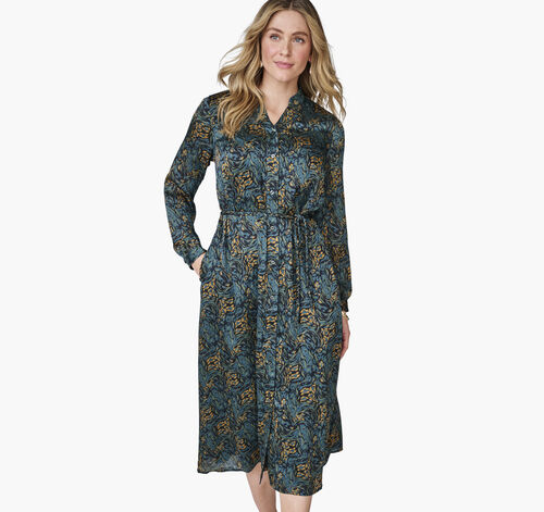 Printed Button-Front Long Dress - Teal Abstract Floral