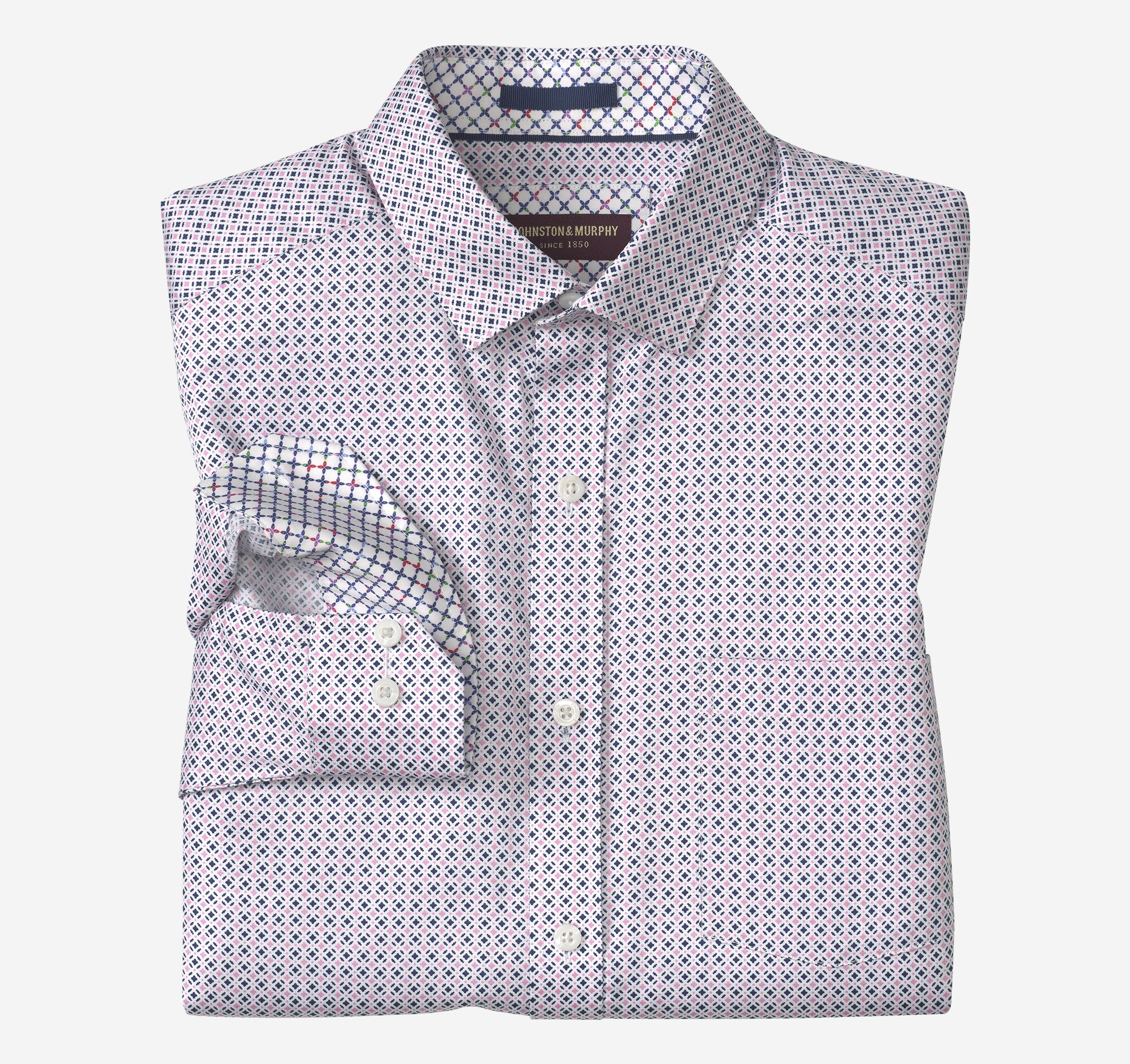 Men's Printed Cotton Shirt in Pink/Navy Tile | Johnston & Murphy