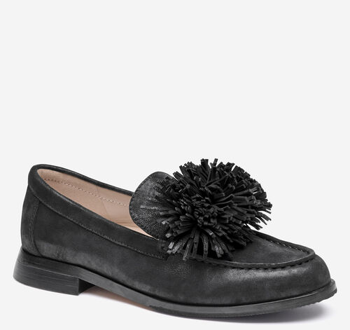 Gillian Pom-Pom Loafer - Black Metallic Kid Suede