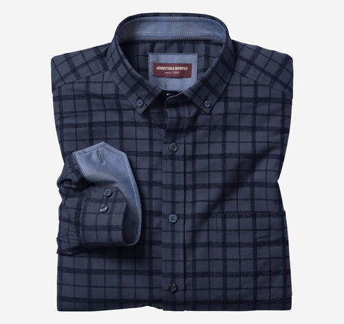 Long-Sleeve Twill Checked Shirt - Navy Plaid Chenille