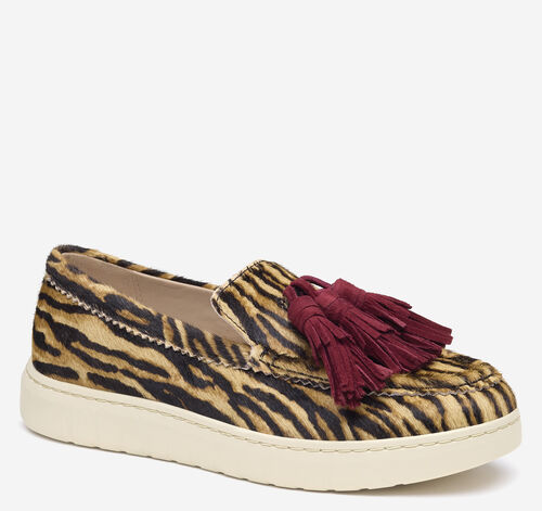 Camryn Tassel Loafer - Beige/Brown Zebra-Print Haircalf/Merlot Kid Suede