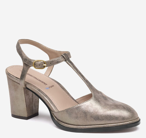 Amy T-Strap Pump - Taupe Metallic Italian Kid Suede