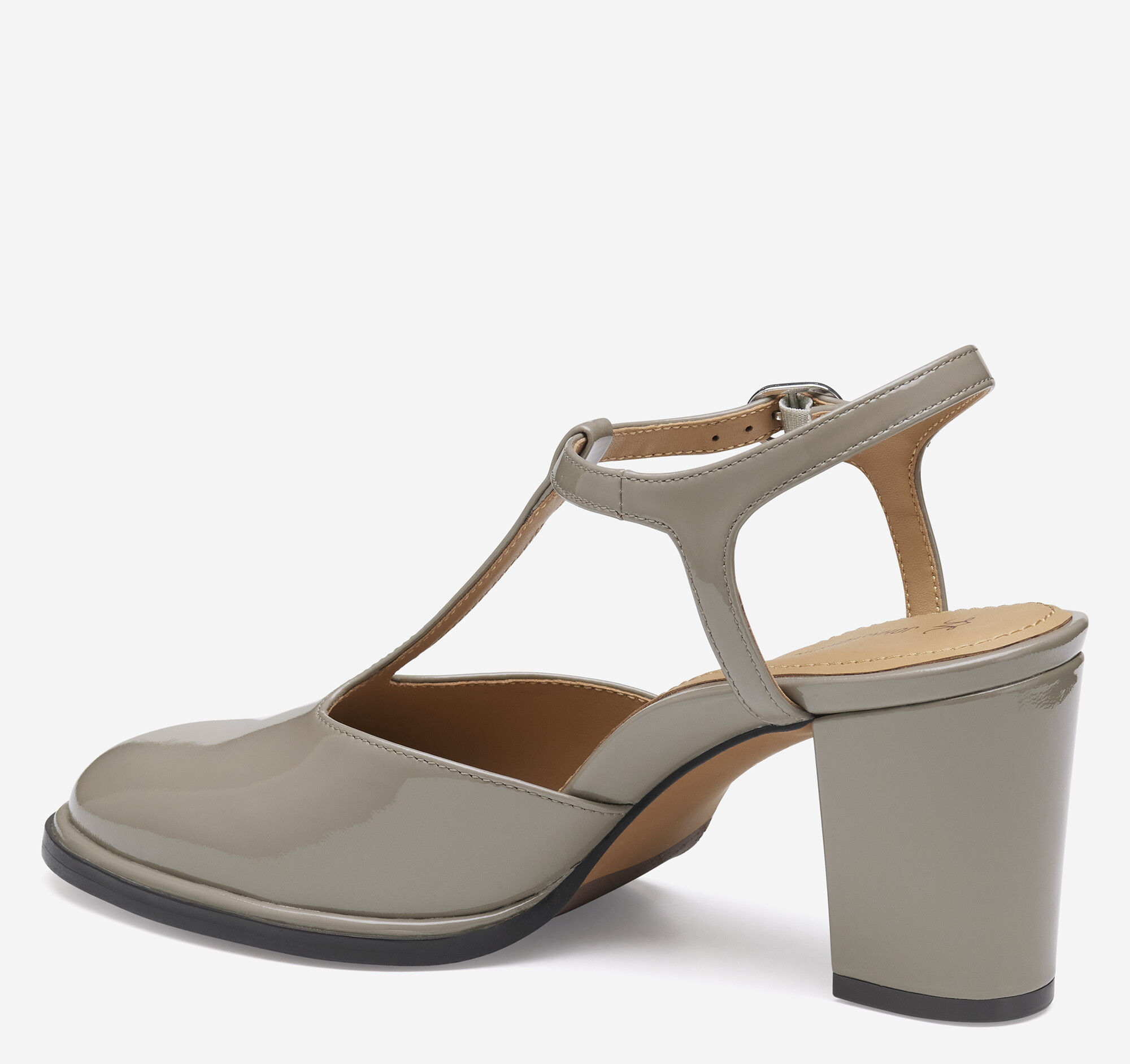 Women's Amy T-Strap Pump in Taupe Patent Leather | Johnston & Murphy