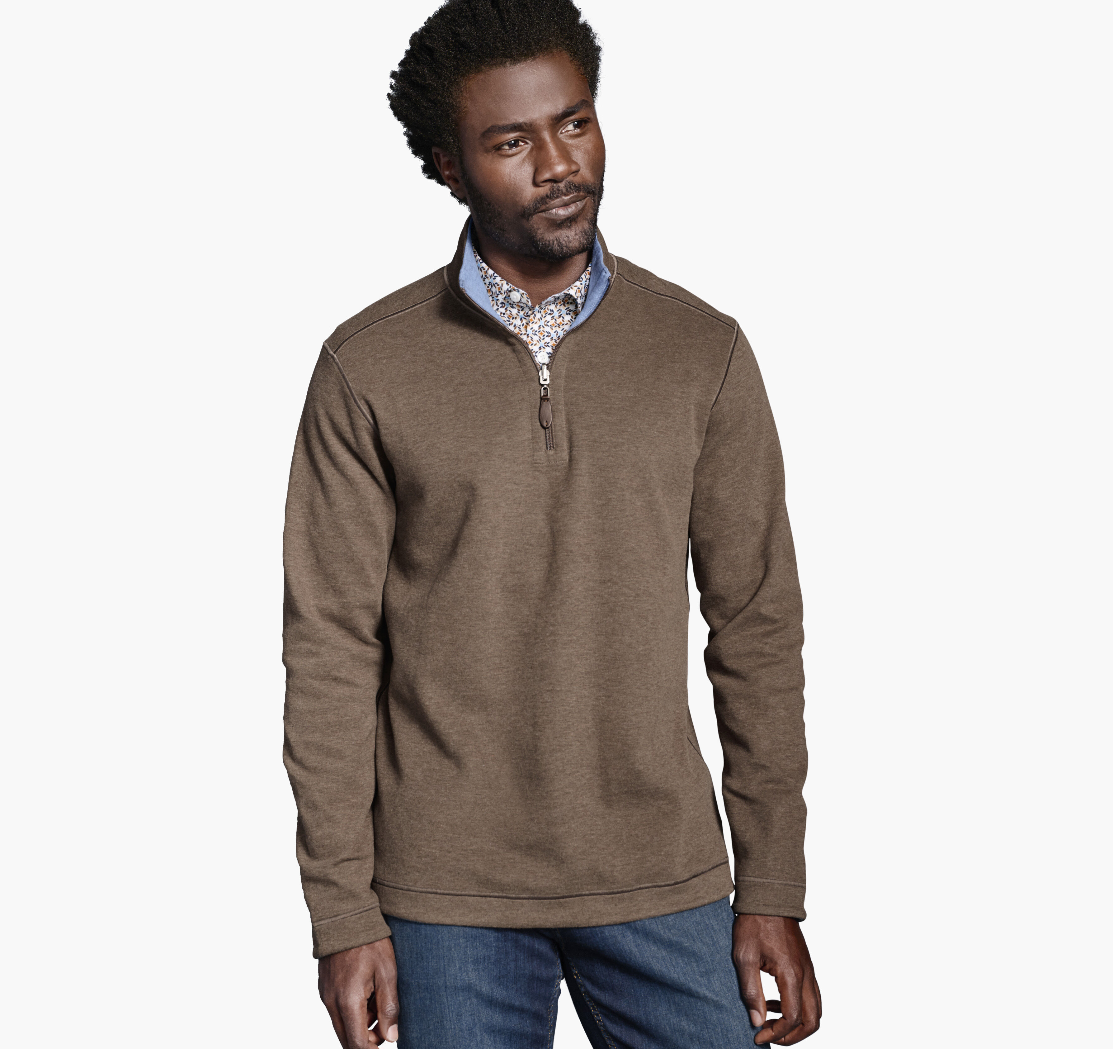 Men's Reversible Solid Quarter-Zip in Brown/Blue | Johnston & Murphy