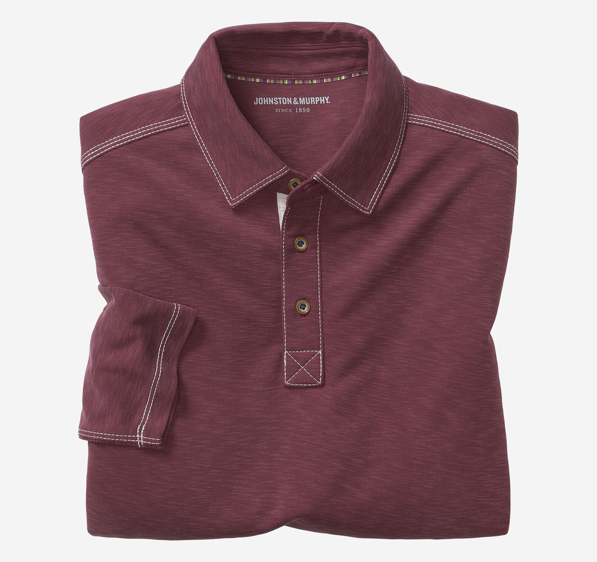 Men's Vintage Slub Long-Sleeve Polo in Burgundy | Johnston & Murphy