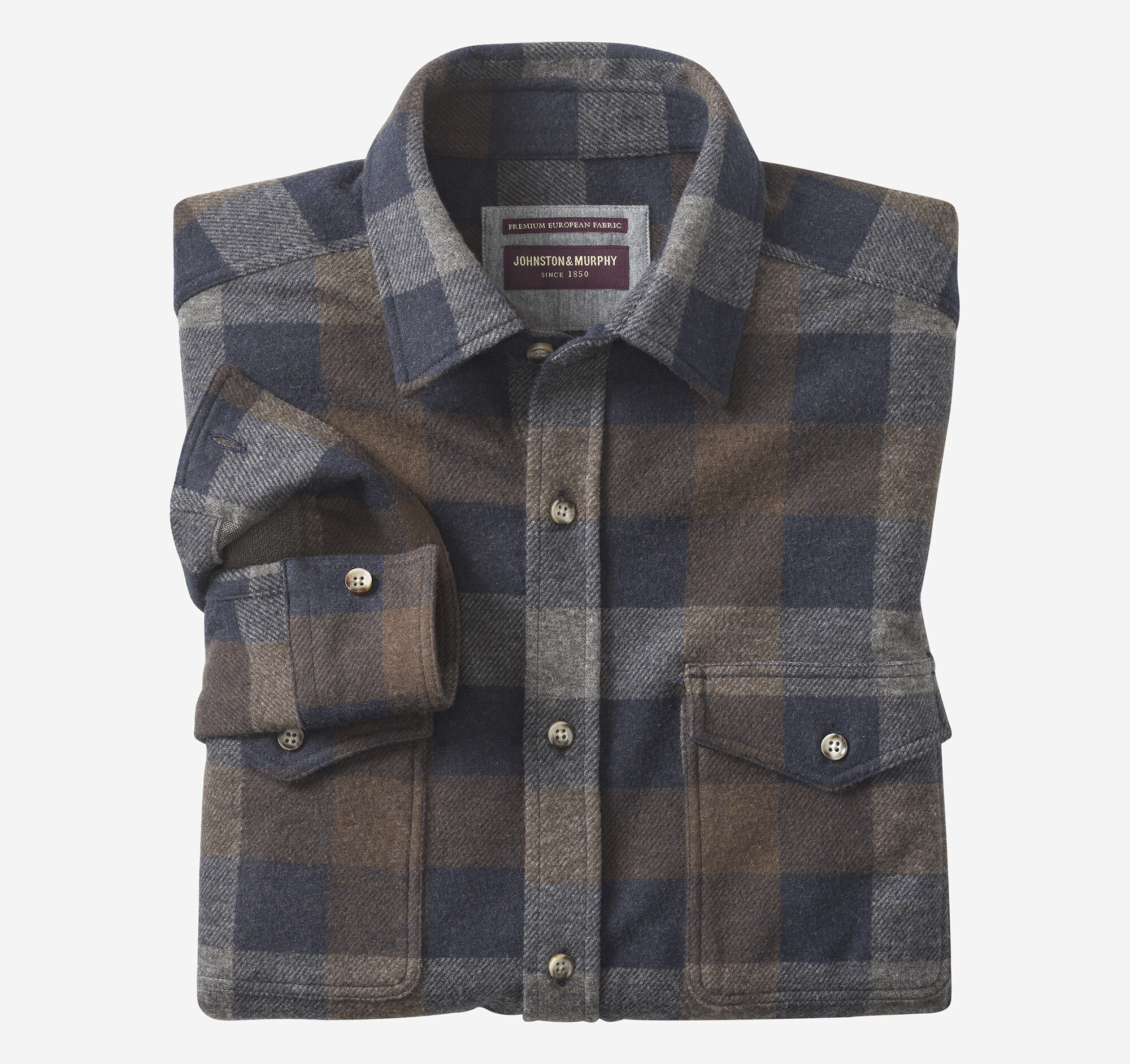 Men's Brushed Button-Front Knit Shirt in Navy/Brown Large Plaid