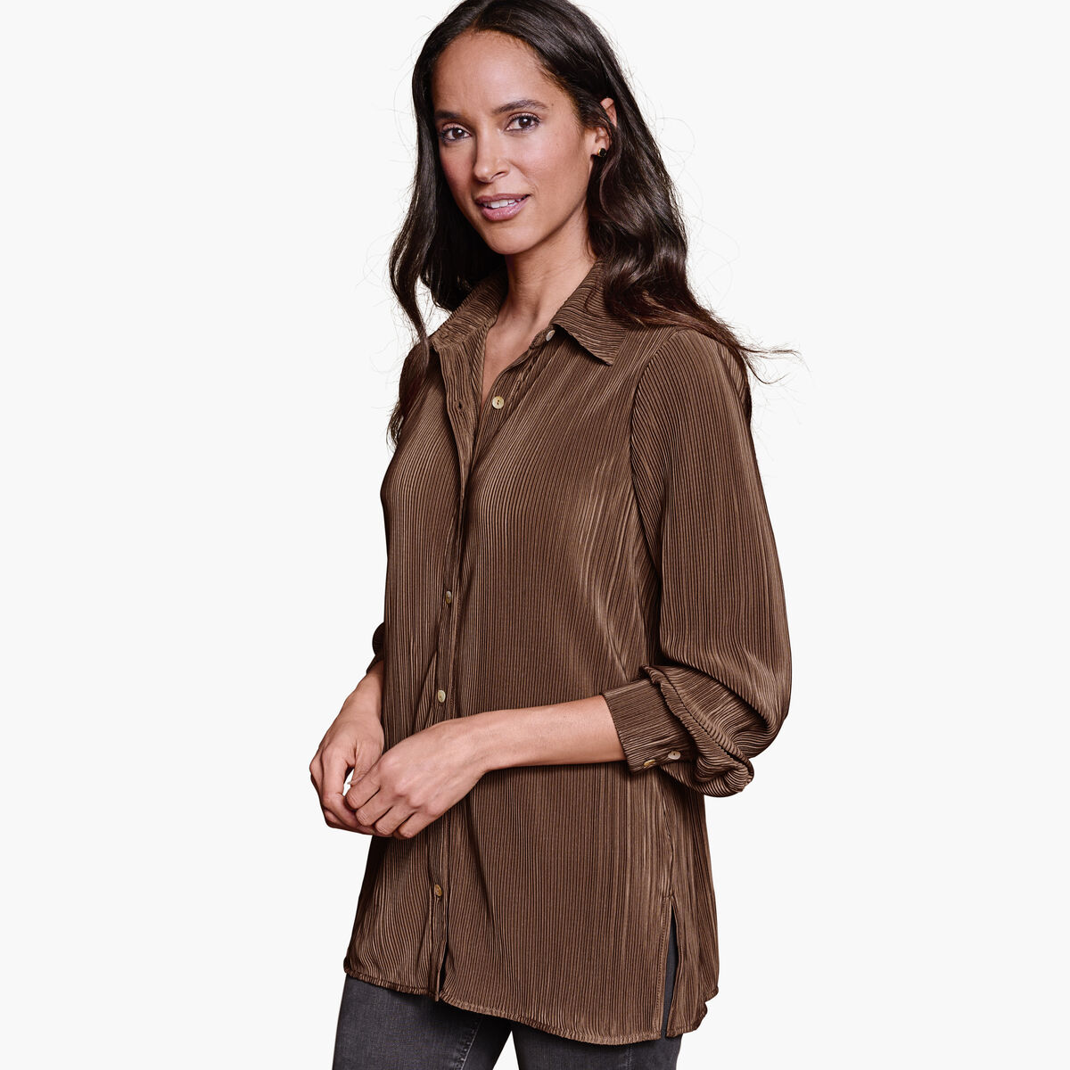 Pleated Button-Front Shirt image number null