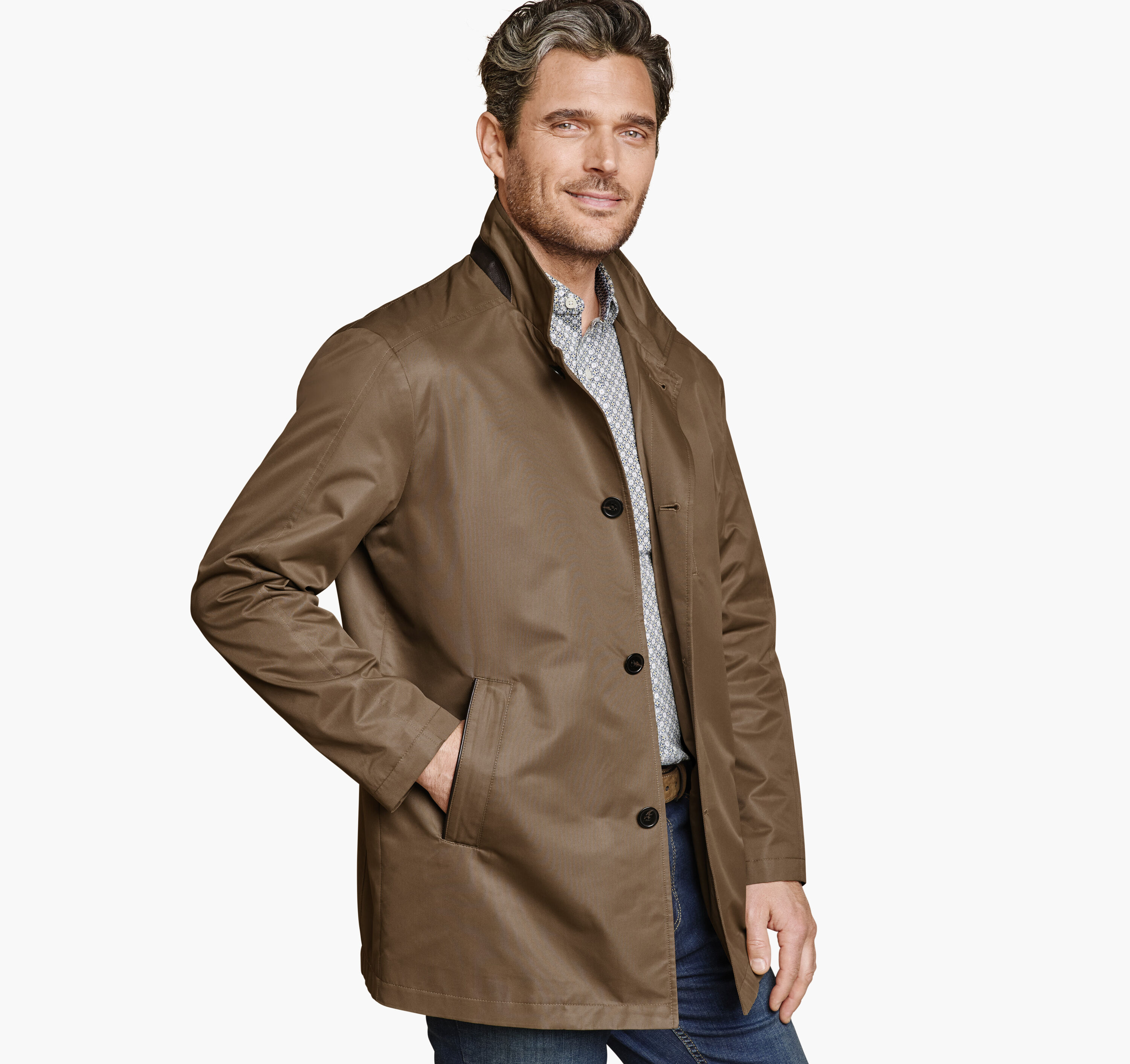 Johnston & Murphy Upton Water-Resistant Raincoat with Removable Liner - Whiskey/Gray Plaid - LG