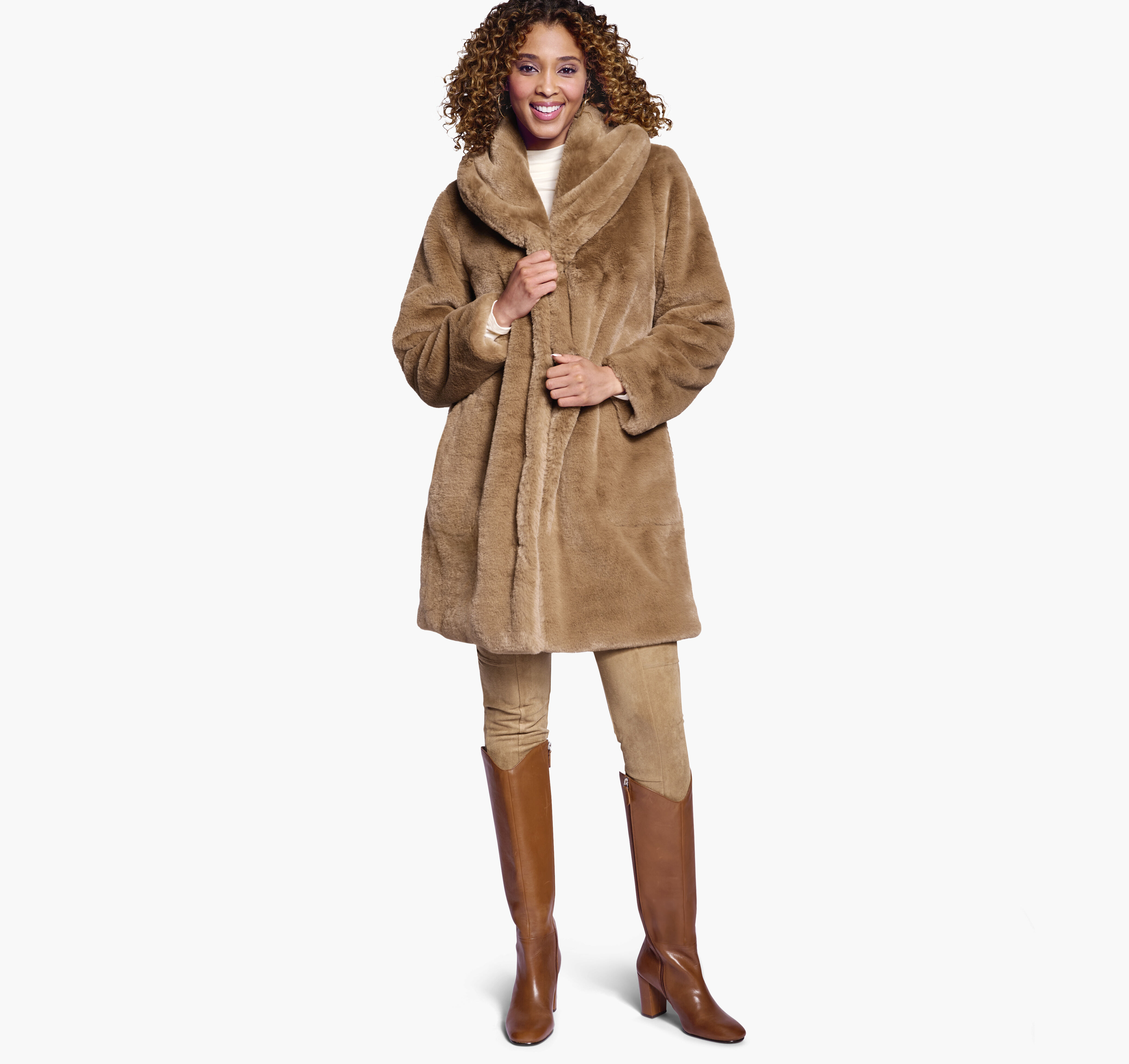 Women's Faux-Fur Shawl-Collar Coat in Camel | Johnston & Murphy