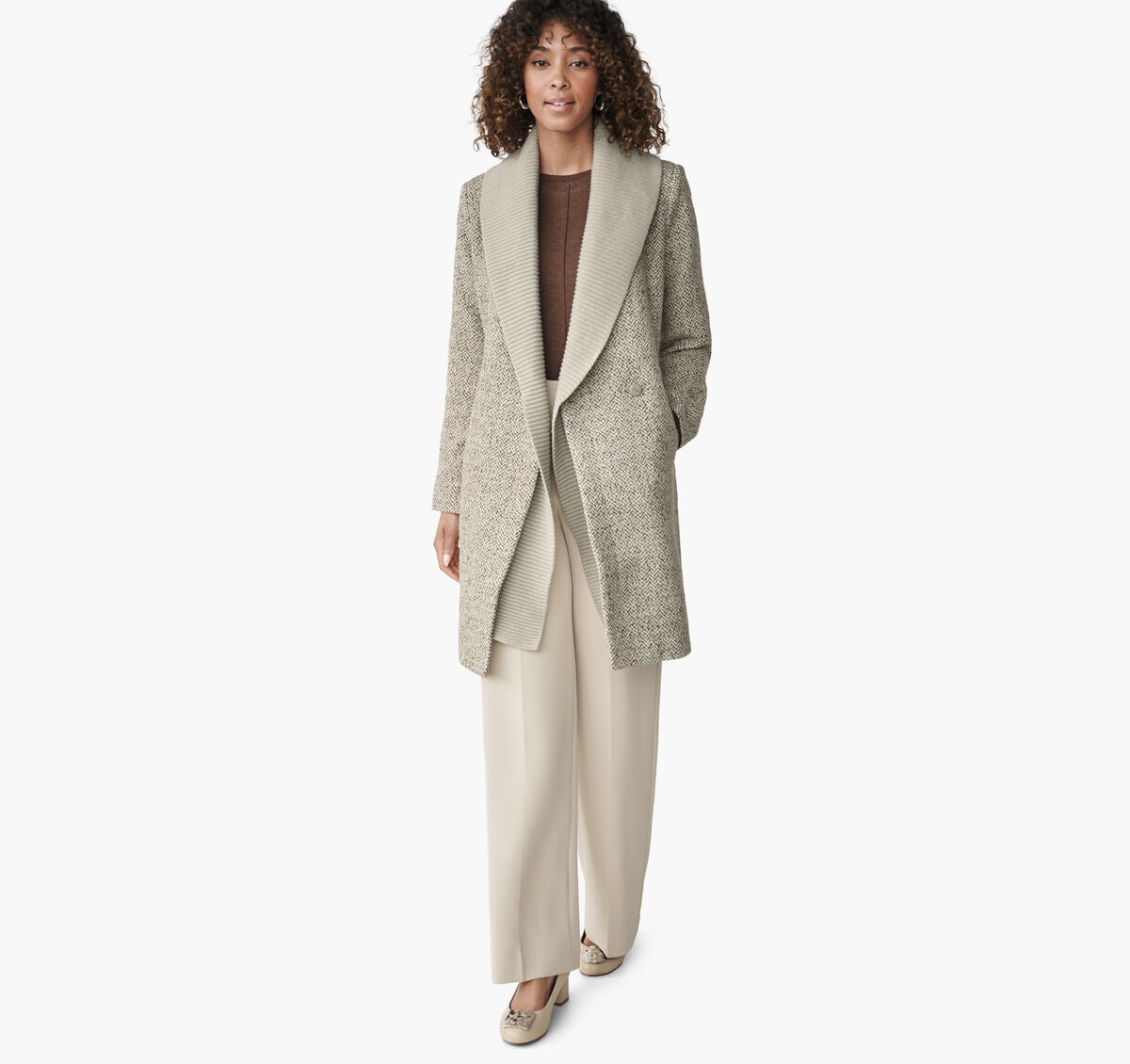 Herringbone Coat with Removable Knit Collar image number null