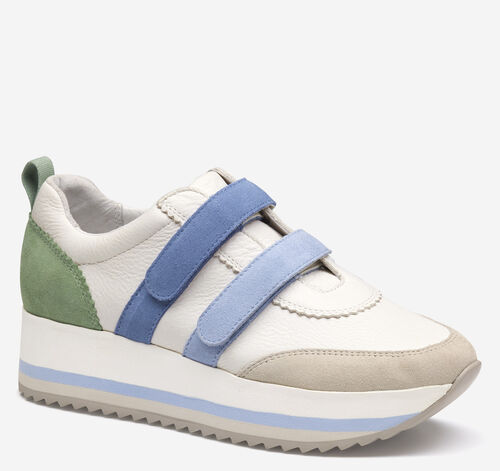 Gracie Double-Strap Sneaker - White Calfskin/Blue/Green Suede