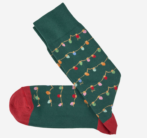 Pima Cotton Holiday-Themed Socks - Dark Green Christmas Lights