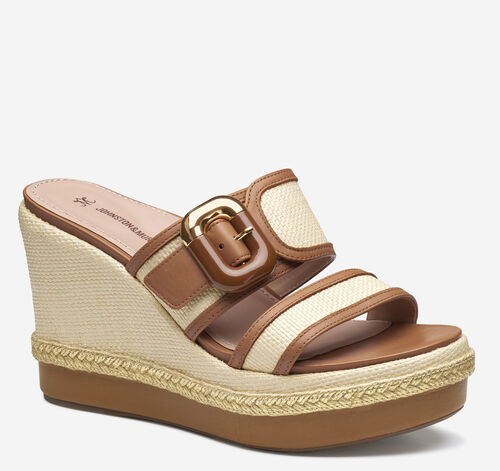 Addison Buckle-Strap Wedge - Natural Raffia/Cognac Nappa Leather