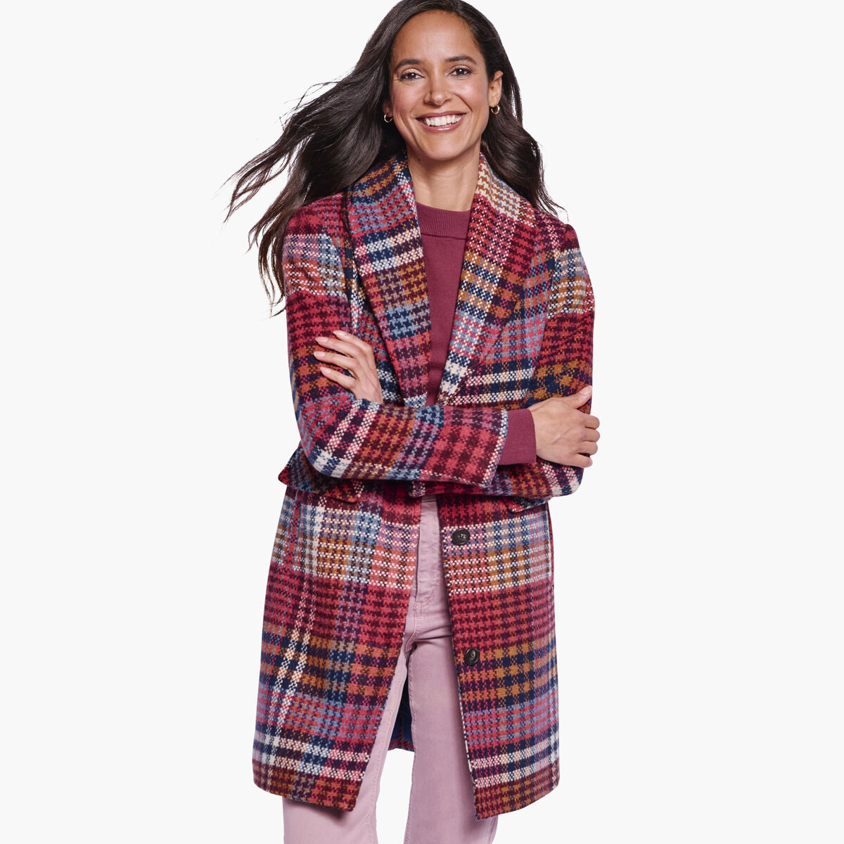 Shawl-Collar Plaid Coat image number null