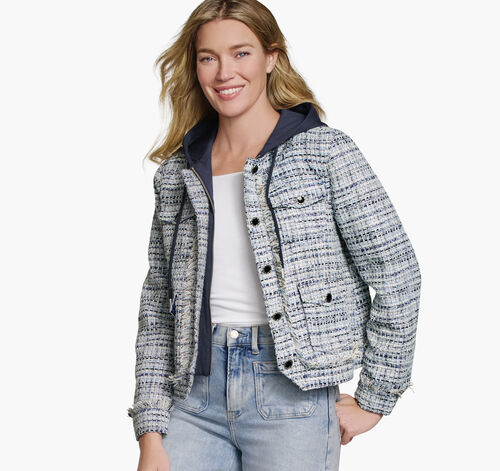 Tweed Jacket with Removable Hooded Bib - Navy/White Tweed with Navy Hooded Bib