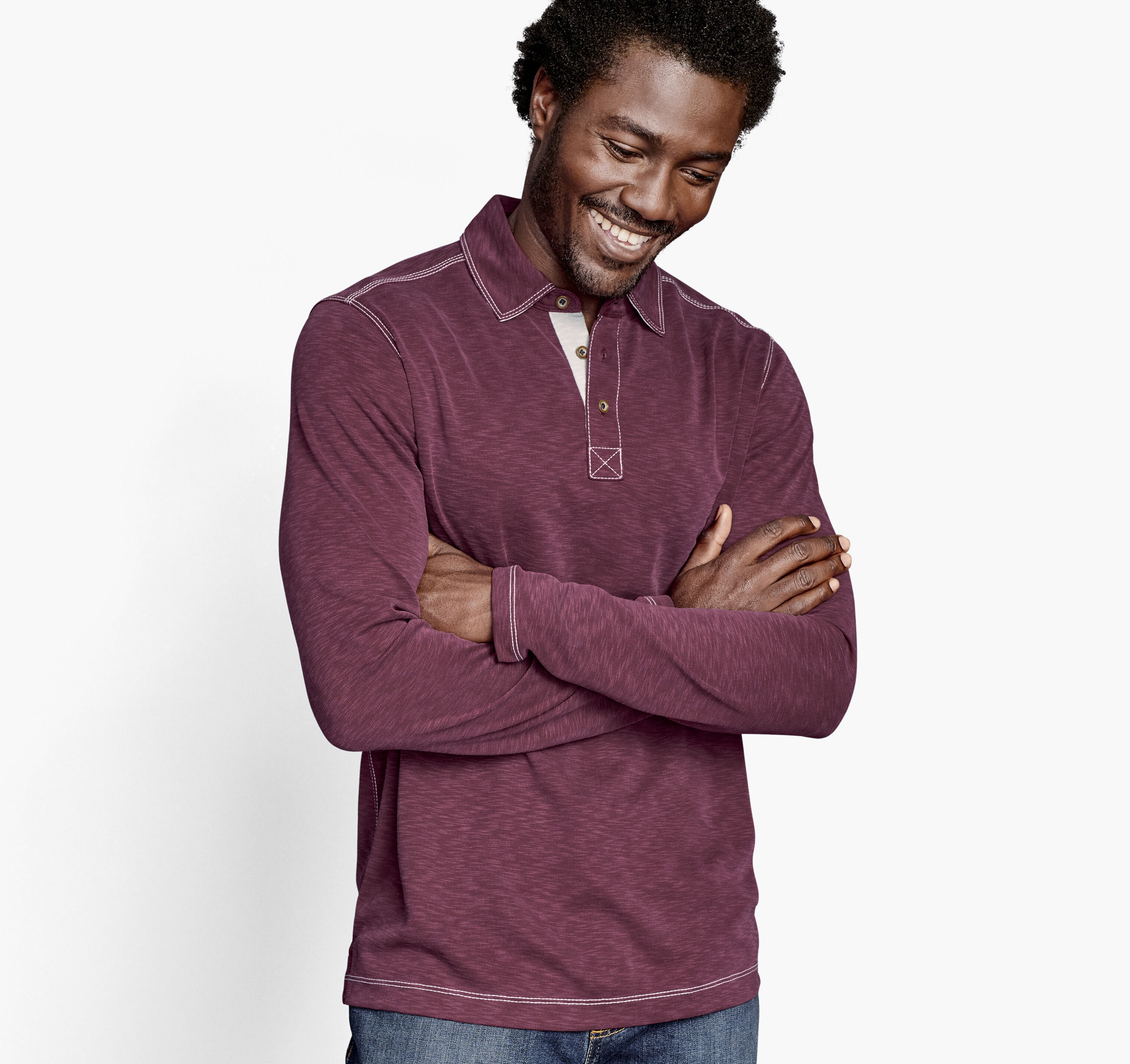 Men's Vintage Slub Long-Sleeve Polo in Burgundy | Johnston & Murphy