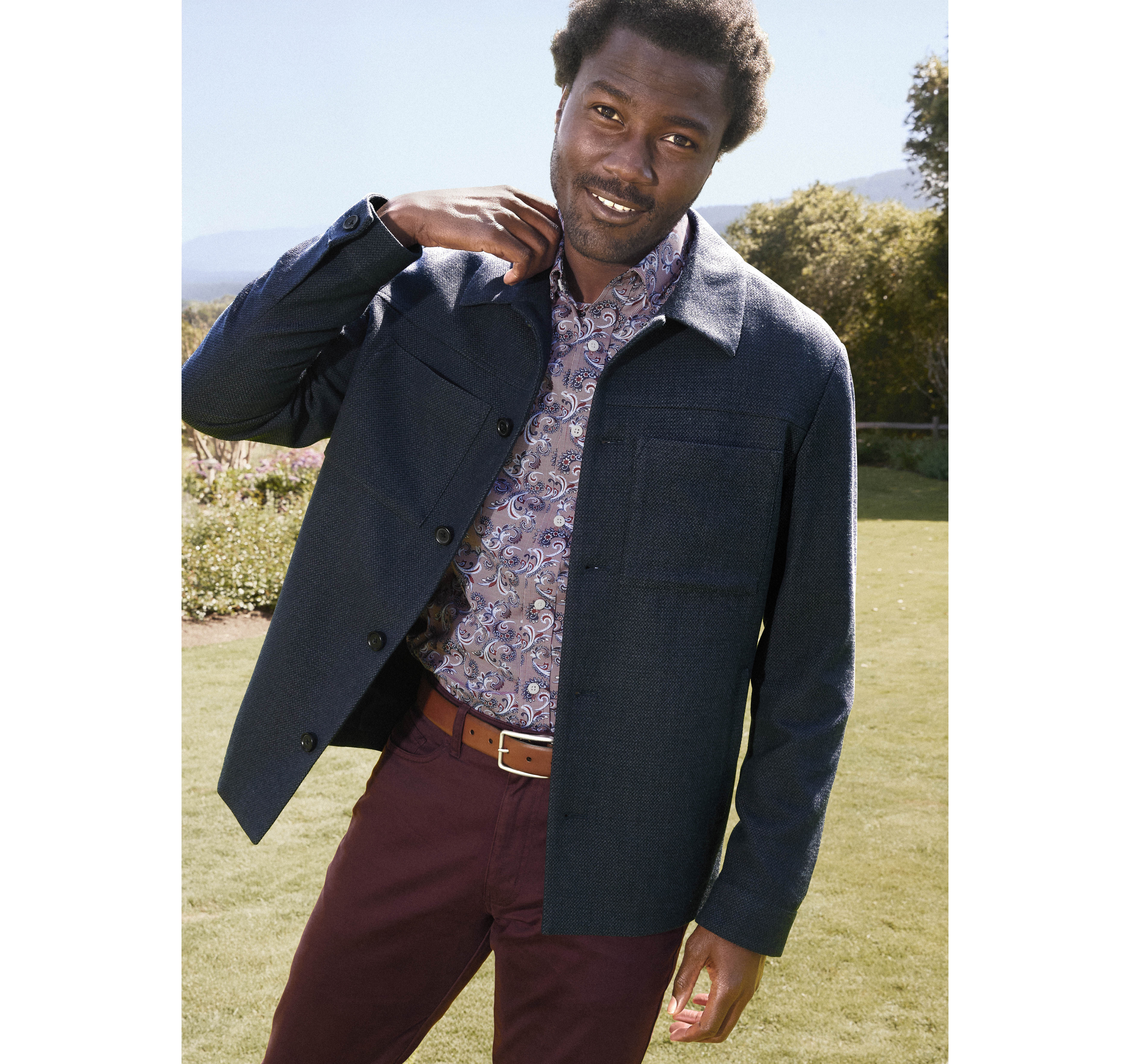 Men's Patterned Shirt Jacket in Navy | Johnston & Murphy Men's Patterned Shirt Jacket in Navy | Johnston & Murphy