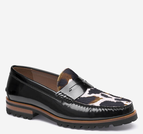 Baldwin Lug Penny Loafer - Black/White Multi Haircalf/Black Brush-Off Full-Grain Leather