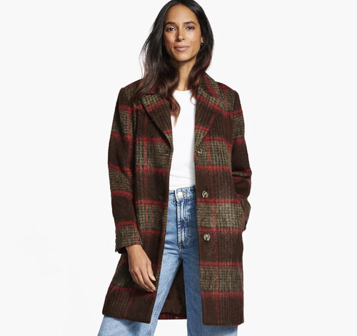 Brushed Plaid Coat - Brown/Red