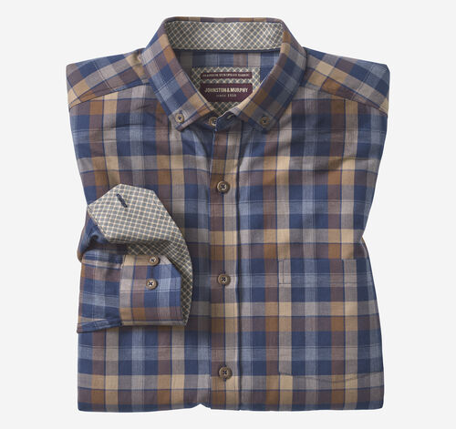 Heathered Woven Shirt - Navy/Brown Large Plaid