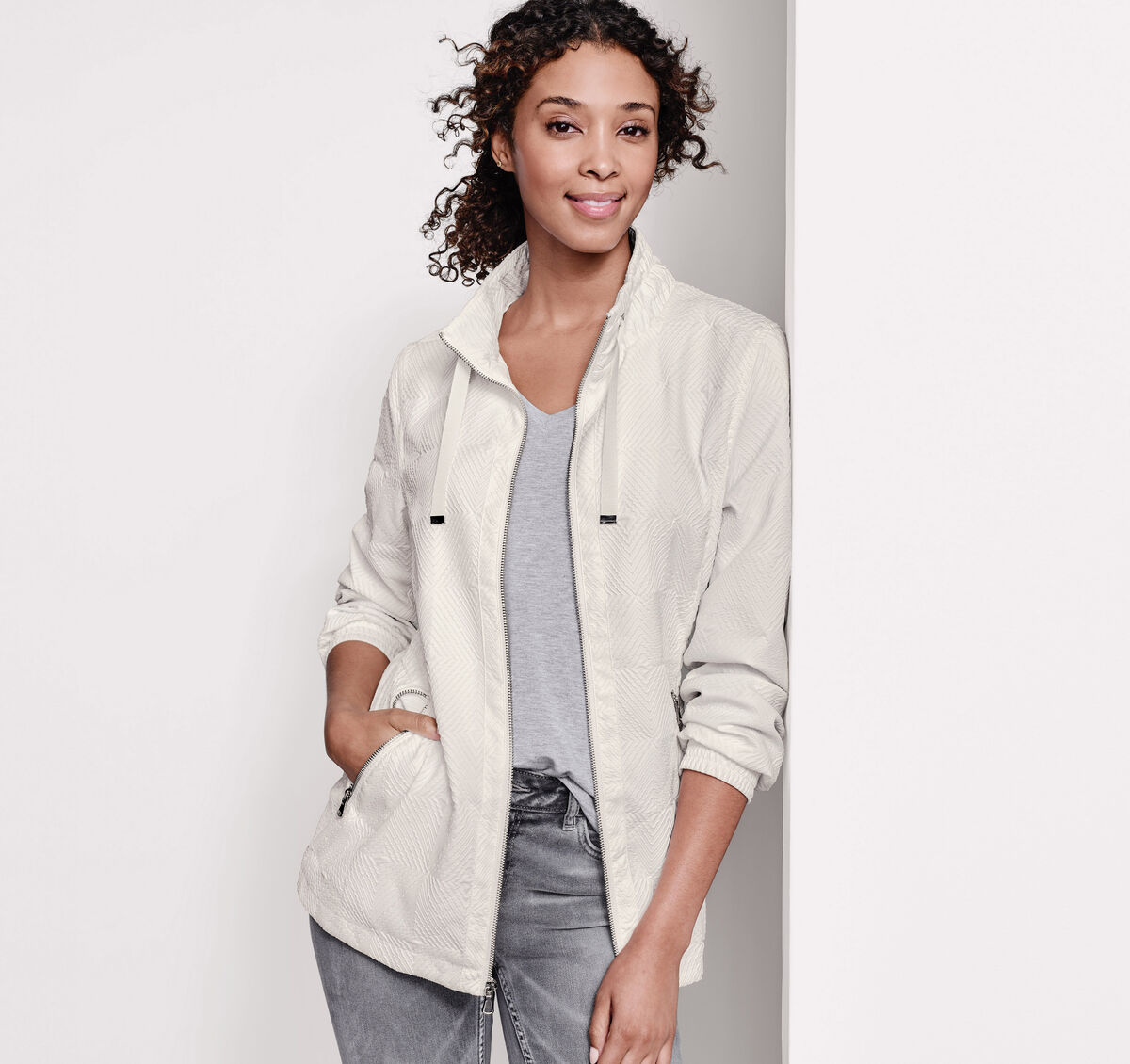 Ruched-Neck Textured Jacket image number null