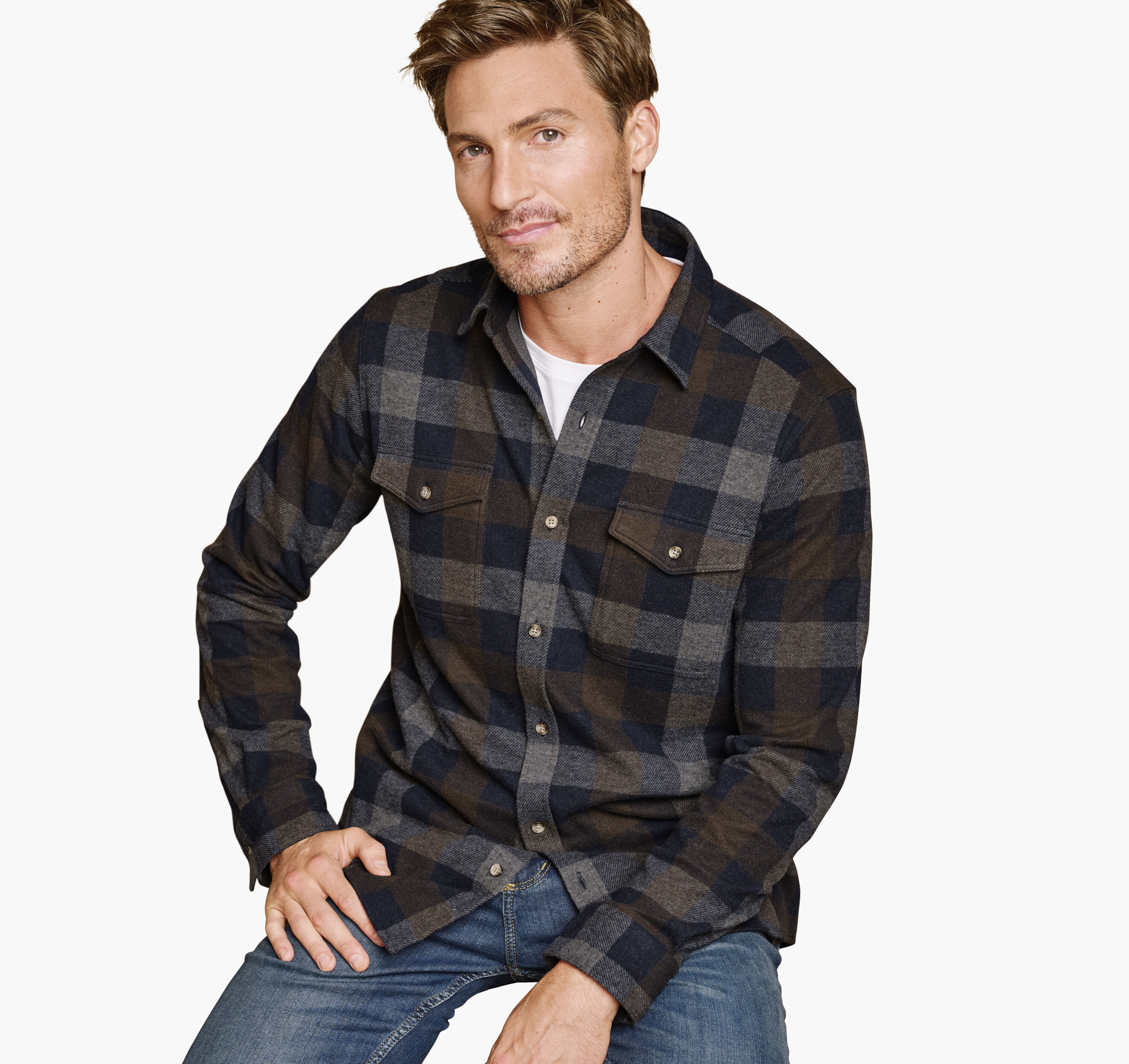 Johnston & Murphy Men's Brushed Button-Front Knit Shirt - Navy/Brown Large Plaid - Size XL - Regular