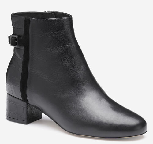 Sienna Belted Bootie - Black Nappa Leather/Italian Croc-Embossed Sheepskin