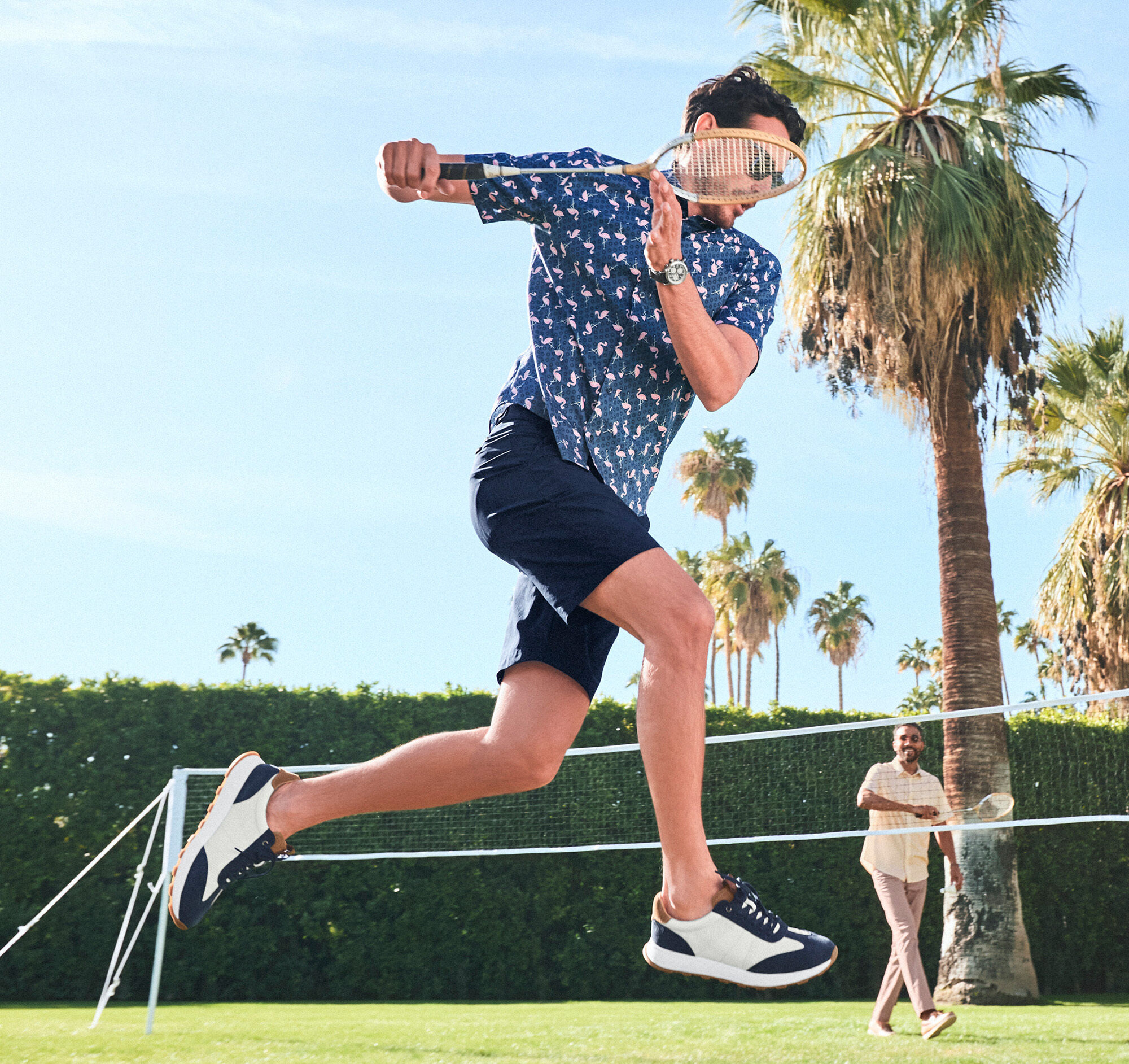 Men's Printed Short-Sleeve Shirt in Navy Flamingo Sun | Johnston