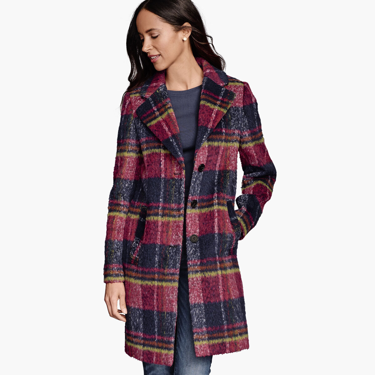 Plaid Coat with Faux-Fur Collar image number null