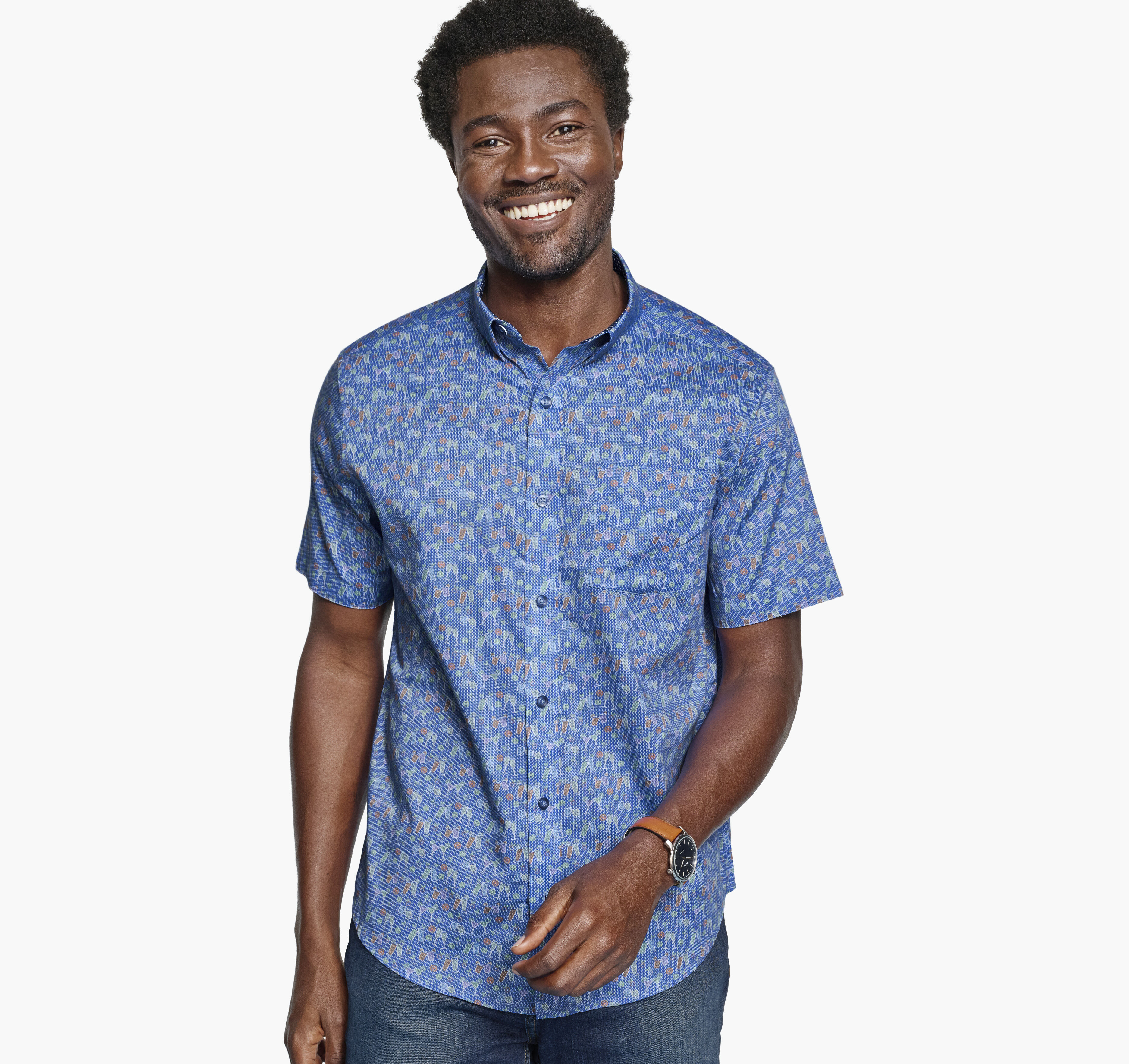 Men's Printed Short-Sleeve Shirt in Navy Multi Cocktail | Johnston
