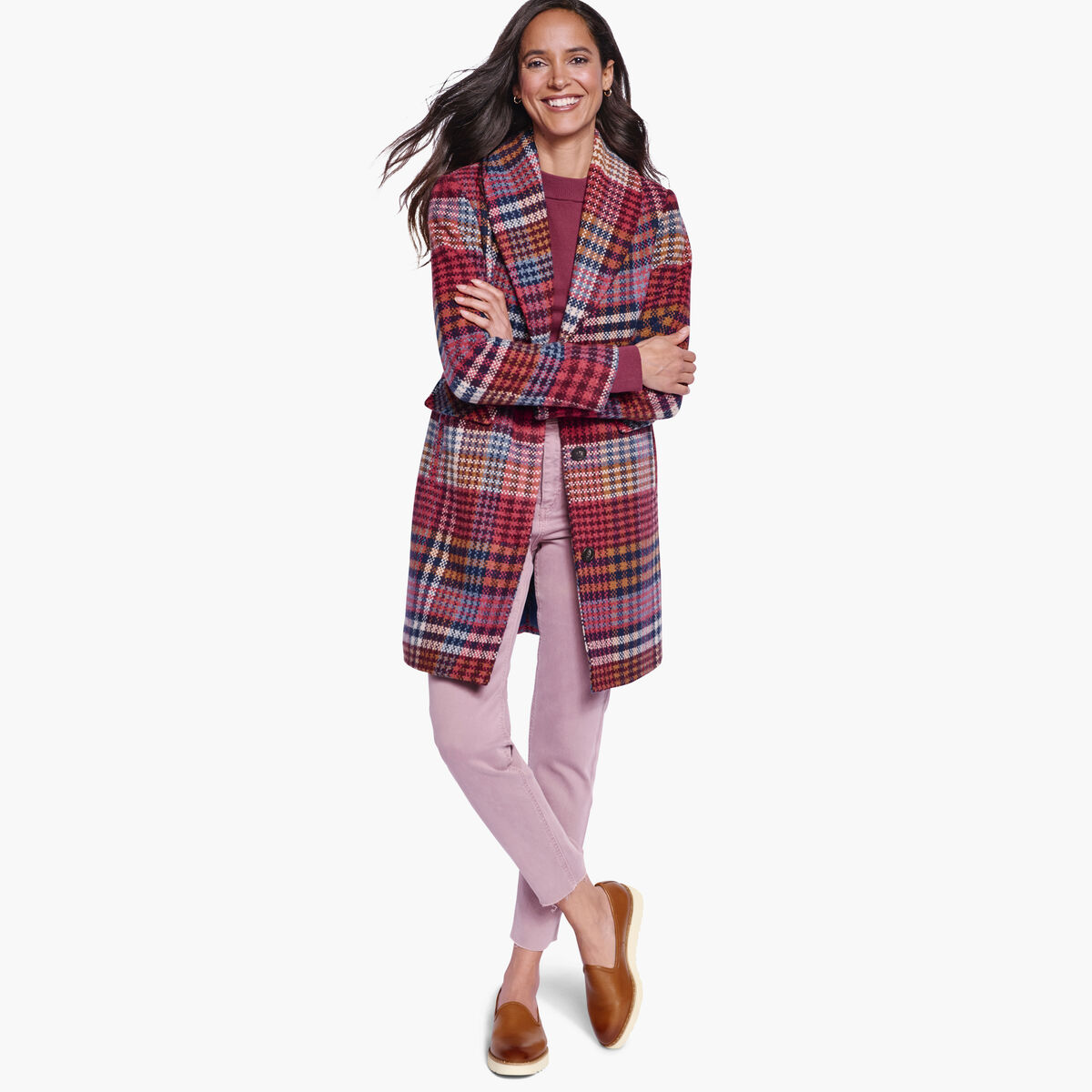 Shawl-Collar Plaid Coat image number null
